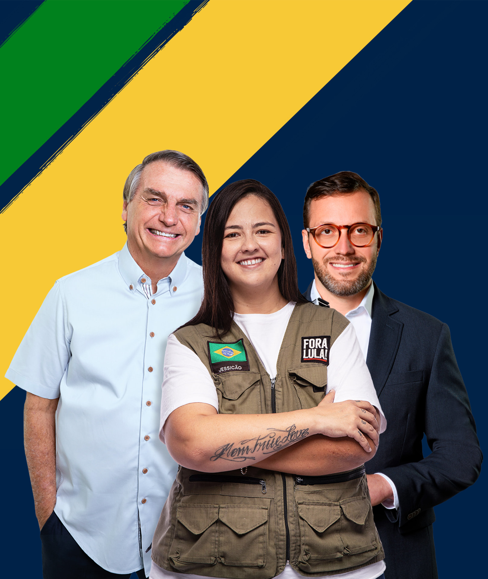 Jessicão ao lado de Jair Bolsonaro e Flávio Bolsonaro